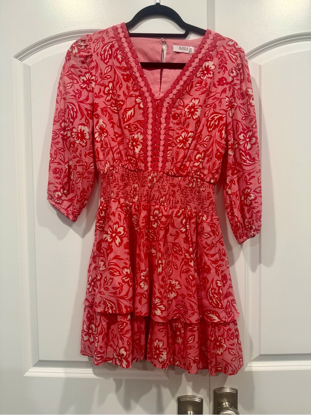 AVARA - Thea Dress: Pink and Red Floral V-Neck Tiered Mini Dress